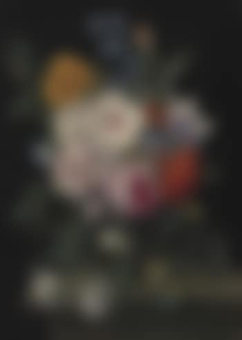 Flowers in a glass vase with a butterfly and beetle on a stone ledge (preview)