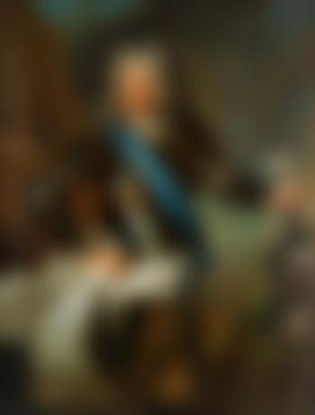 Porträtt föreställande fransk marskalk iklädd rustning med förgyllda detaljer och Helgeandsordens blå band, hållandes marskalkstaven i vänster hand - stående knästycke (preview)