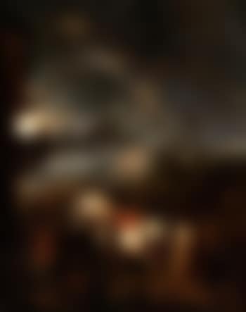 Gesattelter Schimmel Mit Einem Landsknecht Am Futtertrog In Mondlandschaft (preview)
