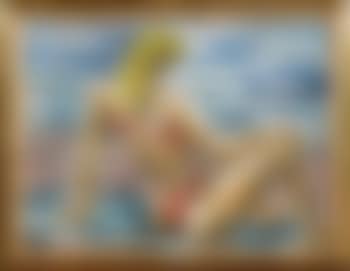 Blonde en maillot rouge sur la plage (preview)