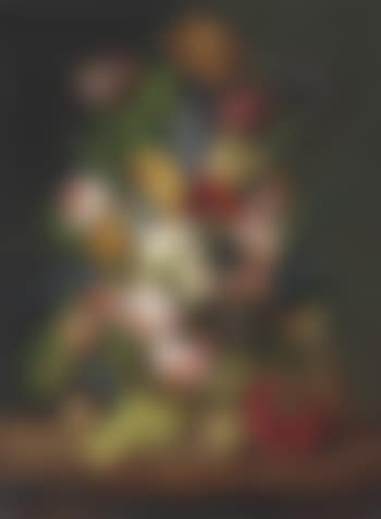 Roses, Parrot Tulips, an Iris, Daffodils, Peonies, morning-glory and other flowers with a Red Admiral, a bee and other insects in a sculpted urn with peaches and grapes on a marble ledge (preview)