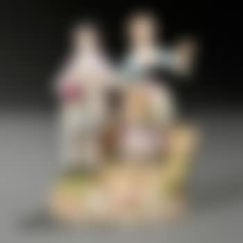 Two standing figures, a man holding a carafe of wine and a glass, and a woman with baskets of fruit and flowers (preview)