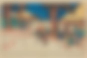 a) No. 43. Tsumagome. Travellers on the Magome pass. b) No. 49. Hosokute. View of the village Hosokute. c) No. 59. Sekigahara. Resting at a tea house. Censor: kiwame. d) No. 60. Imasu. Travelers around a signpost. Censor: kiwame (preview)