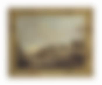 An architectural capriccio with figures on a shore and figures on a ferry, shipping beyond (preview)