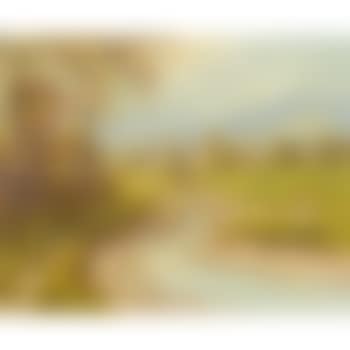 A mountainous landscape with geese in a stream and a village beyond (preview)