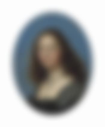 Portrait of a lady, bust-length, in a black dress and pearl necklace (preview)