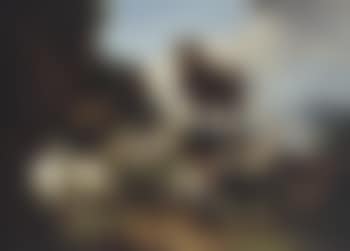 A shepherd resting with sheep, goats and a bull, in a mountainous landscape (preview)