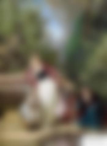 Elegante Dame mit ihren Kindern an einem Brunnen vor Parklandschaft (preview)