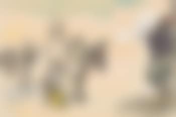 Orientalische Szene mit einem Haik tragenden Eselstreiber und einem pfeifenrauchenden Mann, der sich lässig an eine Wand anlehnt (preview)