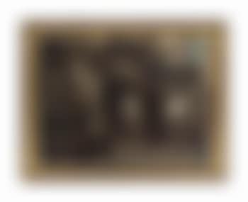 An courtyard with figures and a mule by a well, a mountainous landscape beyond (preview)