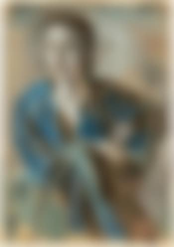 Sitzende Frau in blauem Kleid; Frauenakt von vorne (preview)