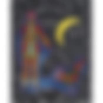 Man walking a rooster by a crescent moon (preview)