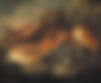 Figs, oranges, a pie, a ham, a knife and a wine flask on a stone ledge, a landscape beyond (preview)