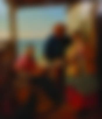 Mending the nets, figures by a cottage, with the sea beyond (preview)