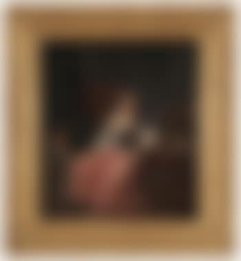 A young woman seated at a poudreuse (dressing table), with bird nest and cage, a young man hiding behind a curtain (preview)