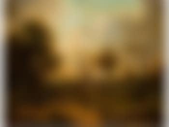 Hügelige landschaft mit jungen Eichen und einer Bäuerin auf einem Hohlweg (preview)