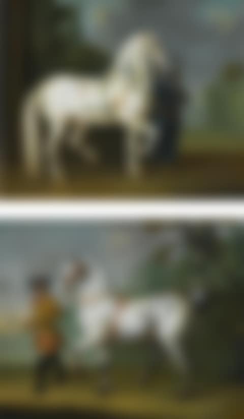 A LIPIZZANER�STALLION WITH CURLY COAT LED BY A GROOM; A LIPIZZANER�STALLION WITH "TIGER" COAT�HELD BY A GROOM IN ORIENTAL COSTUME (preview)