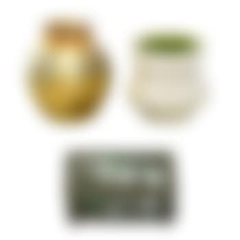 Favrile pottery vase, gold Favrile glass vase, and grape cigarette box (preview)