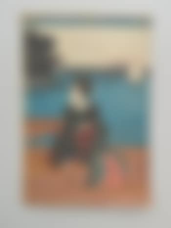 Rokugo Watashiba No Kei - le bac sur la rivière Rokugo, femme assise en barque, au fond le Fuji (preview)