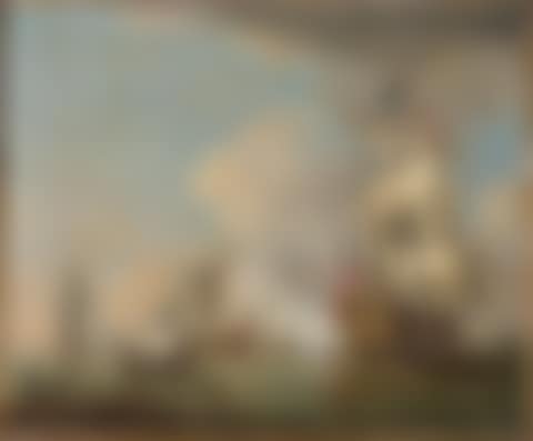 A British man o' war firing a salute in calm seas with other vessels, fishermen and their catch on the shore in the foreground (preview)