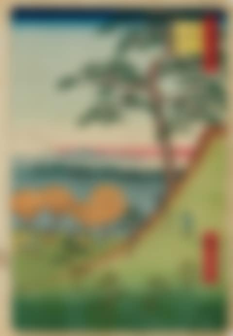a) No. 25. Meguro Moto-Fuji. Climbing �Little Fuji' in the spring. b) No. 77. Tepp�zu Inaribashi Minato Jinja. View through ships' masts onto the river, bordered by warehouses (preview)