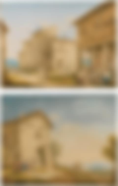 TWO VIEWS OF TIVOLI:  A) A GOTHIC HOUSE AND FIGURES OUTSIDE AN OSTERIA; B) FIGURES RESTING AND DRINKING OUTSIDE A HOUSE (preview)