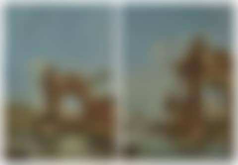 An architectural capriccio with figures fishing by Roman ruins on a shore; and A ruined arch by water with a temple beyond (preview)