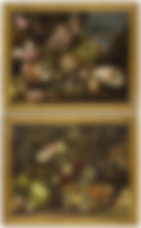 Melons, peaches and roses in a landscape; and Melons, and other fruit in a landscape, figures on horseback beyond (preview)