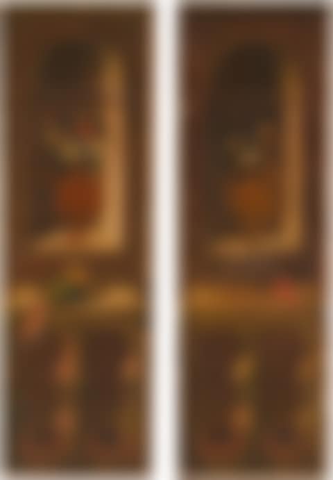 A set of 7 wall hangings, all showing a vase in a niche together with a bird on a balustrade (preview)