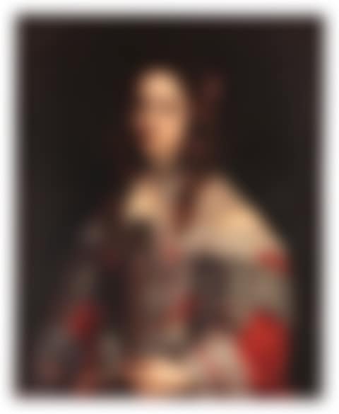 PORTRAIT OF A LADY, THREE-QUARTER LENGTH, IN AN ELABORATELY DECORATED SILK RED DRESS WITH WHITE LACE AND A SHEER FALLING COLLAR (preview)