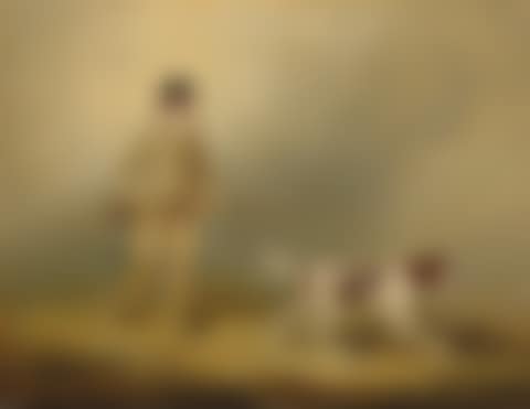 Portrait of a sportsman carrying a gun, with a pointer in a landscape (preview)