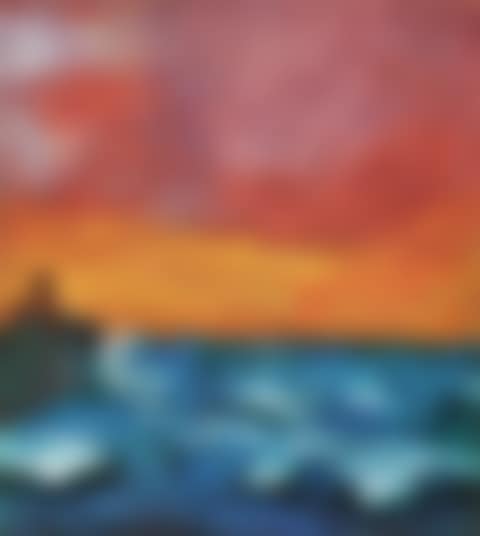 BEWEGTES BLAUES MEER BEI SONNENUNTERGANG (MIT FELSEN UND BURG) (RAGING BLUE SEA AT SUNSET (WITH ROCKS AND FORT)) (preview)