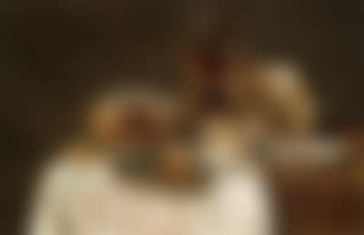 Olives in a blue and white porcelain bowl, a roemer, wine glasses, an overturned silver tazza and a meat-pie (preview)