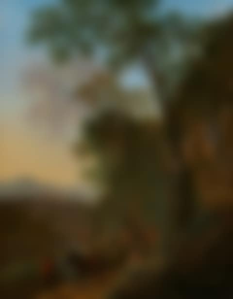 AN ELEGANTLY DRESSED COUPLE ON HORSEBACK ON A PATH WITH OTHER TRAVELLERS IN A SOUTHERN LANDSCAPE (preview)