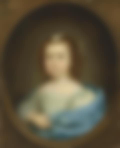 Portrait of a young girl, bust-length, in a cream gown and blue wrap (preview)