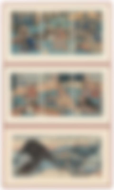 Entertainment in the Noble's Private Quarters (Oku goten yuraku no zu); An evening gathering with three gentlemen playing instruments by candlelight; Picture of a Visitors on the Occasion of The Consecration of the New Ise Shrine (Ise gosengu sankei gunshu no zu) (preview)