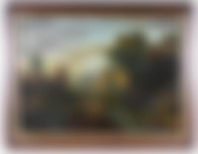 Mountainous landscape with ruins and people scene on a river (preview)