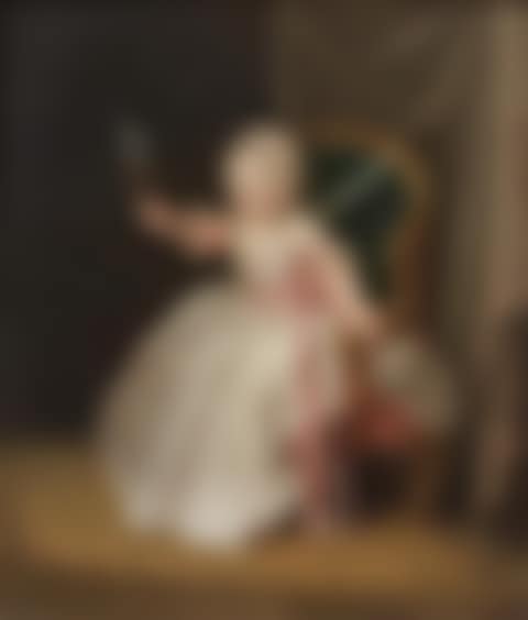 Portrait of a young girl, full-length, seated, holding a rattle (preview)