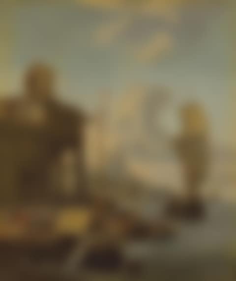 A Mediterranean harbour with figures loading cargo, a mountain beyond (preview)