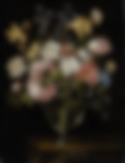 A STILL LIFE OF NARCISSI, DAFFODILS, TULIPS, HOLLYHOCKS, HYACINTHS AND OTHER FLOWERS IN A GLASS VASE ON A STONE LEDGE, WITH BUTTERFLIES (preview)