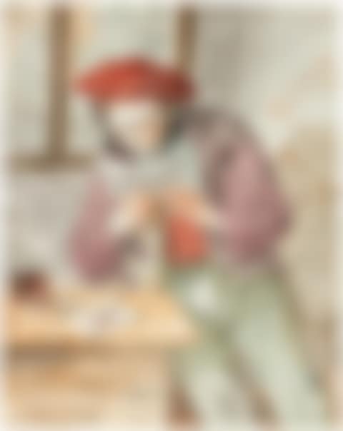 A YOUNG MAN SEATED AT A TABLE, READING (preview)
