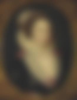 Portrait of a lady, traditionally identified as Lady Corbett, half-length, in a black dress adorned with pink rosettes and a reticella lace collar, cartwheel ruff and headdress, in a feigned oval (preview)