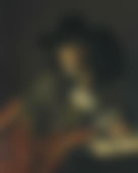 Portrait of a gentleman, half-length, seated at a draped table, in a broadbrimmed, plumed hat and a gold-embroidered doublet and mantle, holding a crayon with a sheet of drawing, a copy of the Funerali Antichi, and a sealed letter (preview)