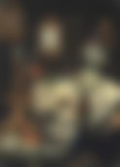 A skull, a lit candle, roses, an urn, a glass of wine, coins, fruit, bubbles, books and drapery on a marble ledge, with a clock, a mirror and a violin on the wall beyond (preview)