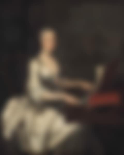 Portrait of a lady, three-quarter-length, in a white silk dress, seated playing a clavichord (preview)