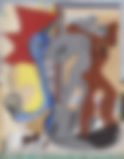 Femme grise, homme rouge et os devant une porte (preview)