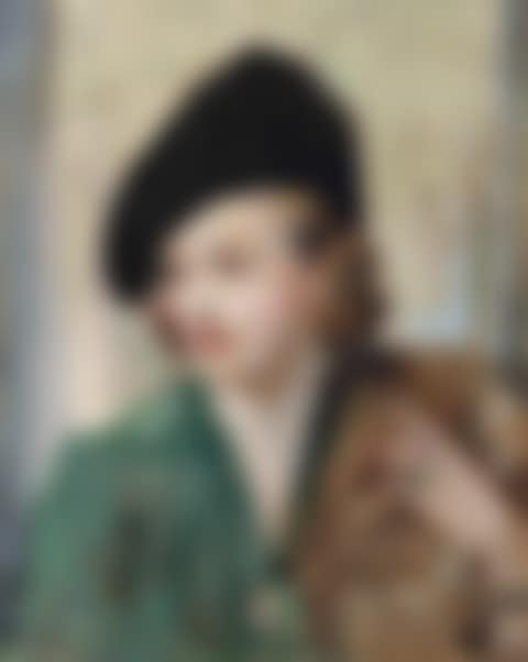Portrait of a woman in a green dress with a fur stole and black hat (preview)