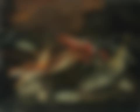 Fish and oysters on a wooden table, a landscape beyond (preview)