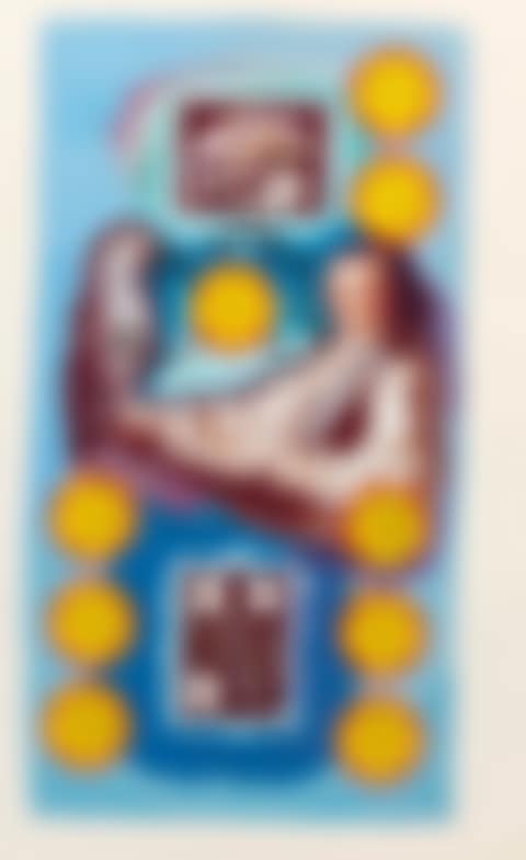 Neuf de pentacles, arcane mineur, projet pour le jeu de carte Le Tarot Universel de Salvador Dalí (preview)