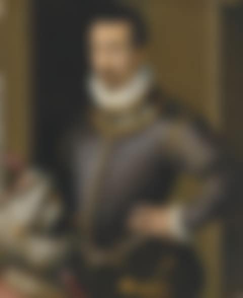 Portrait of a gentleman, half-length, in a black slashed doublet, his hand resting on a helmet (preview)